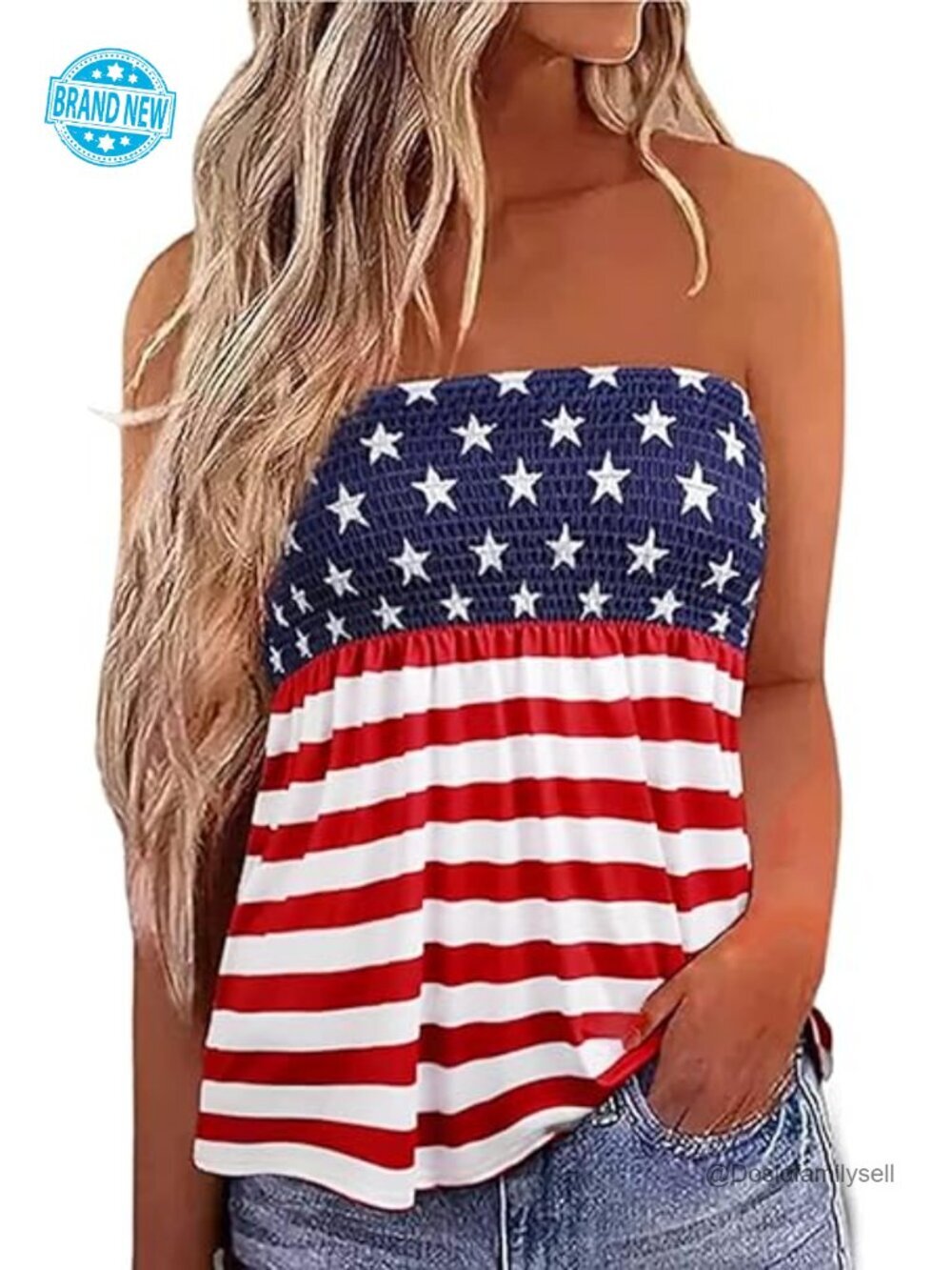 Strapless Smocked Bandeau Tube Top with Ruffled Hem Sleeveless Patriotic Tank